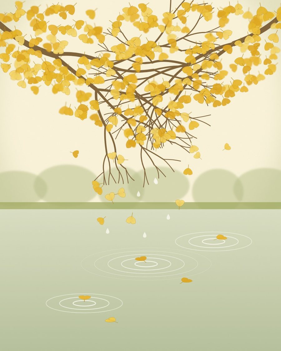 Illustration of golden ginkgo branches dropping leaves into a clear, still pool