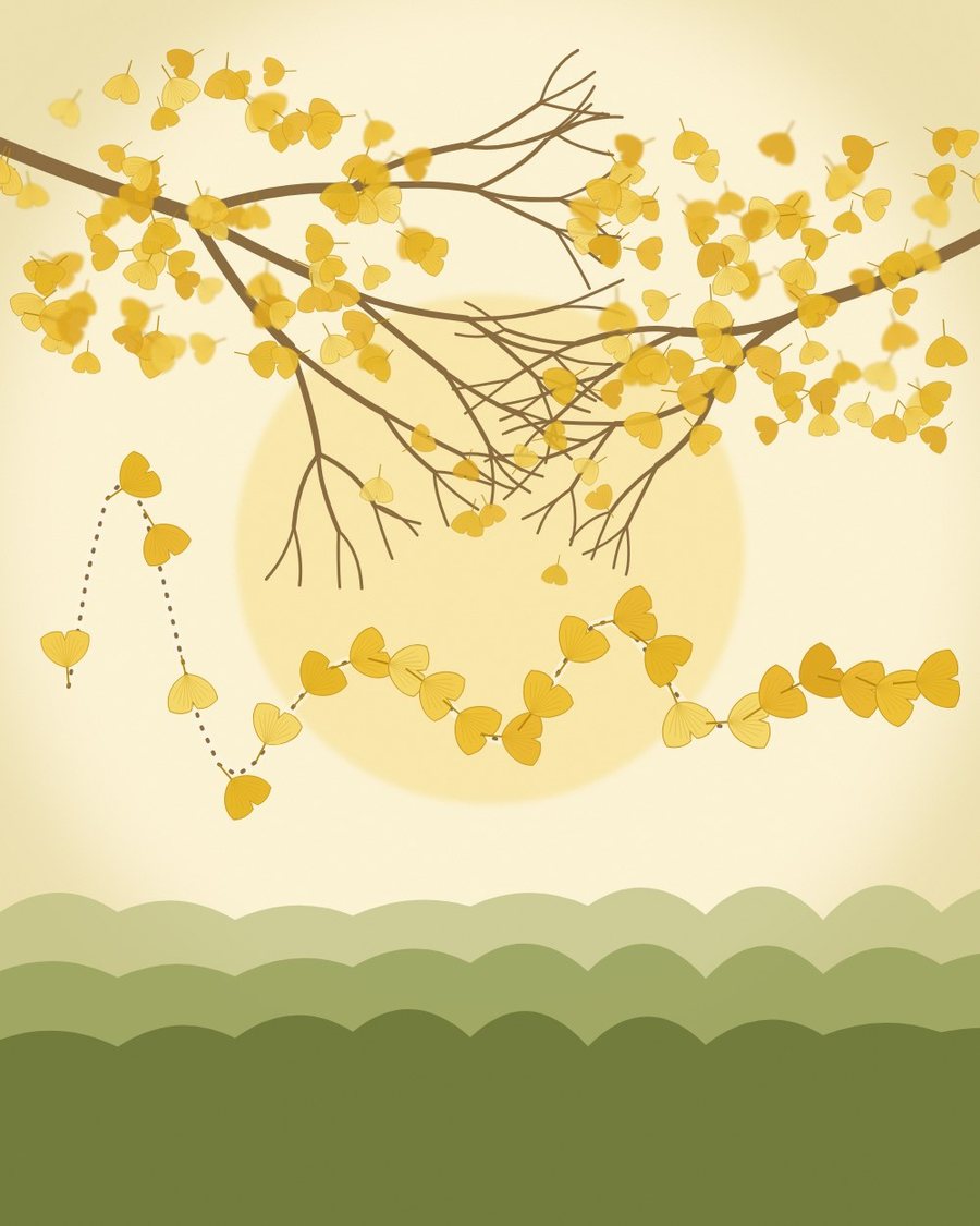 Illustration of ginkgo leaves forming a line that settles from uneven peaks into a steady curve