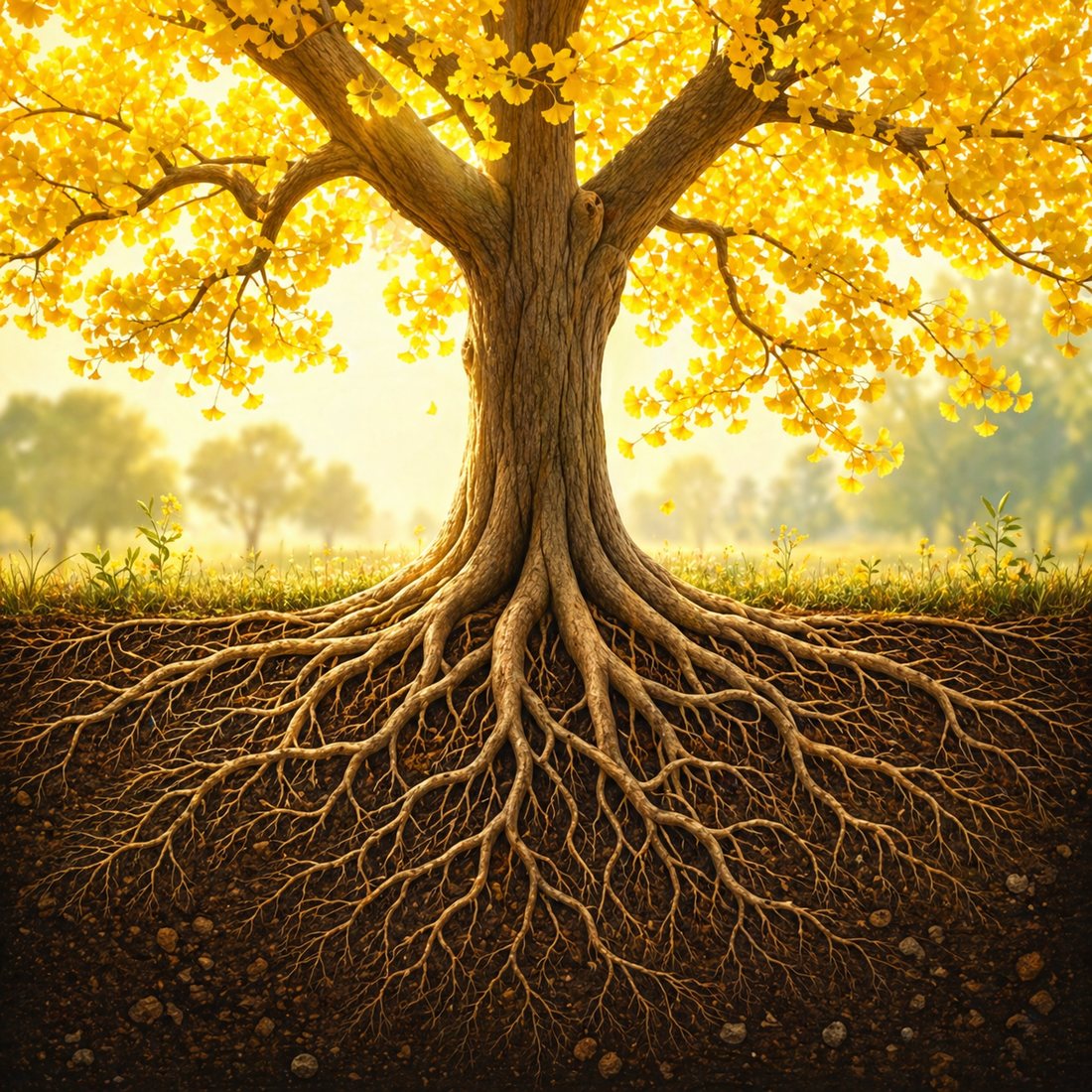 A ginkgo tree with its deep root system visible below the ground